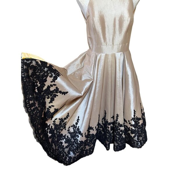 Mac Duggal Formal Dress Tea Length Champagne Taffeta Black Lace Trim Fit & Flare - Picture 9 of 16